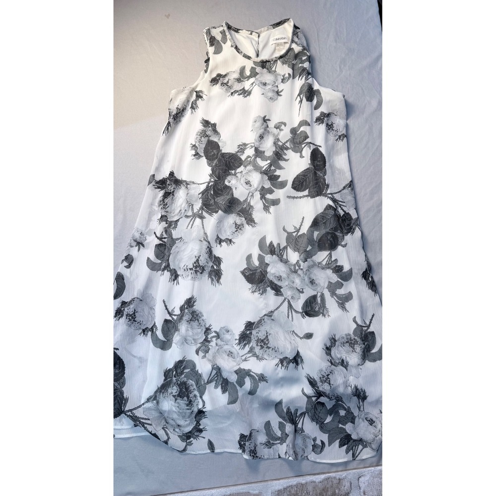 Calvin Klein Womens Black White Floral Chiffon Sleeveless‎ Shift Dress Size 4